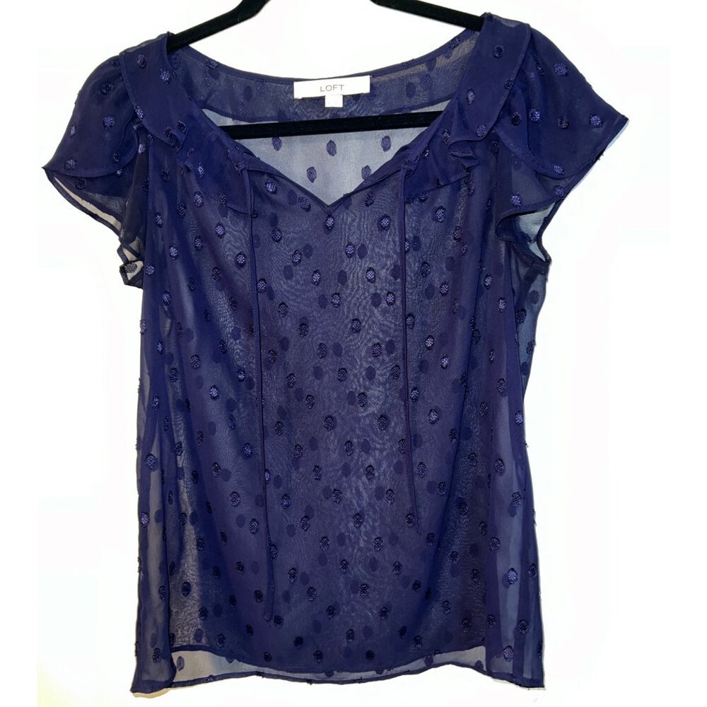 Loft Navy Blue Sheer Polka Dot Blouse - Womens Size XS